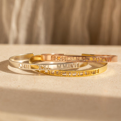 Custom Cuff Bracelet • Personalized Bracelet: Coordinates, Dates, Roman Numerals • Anniversary Gift for Her