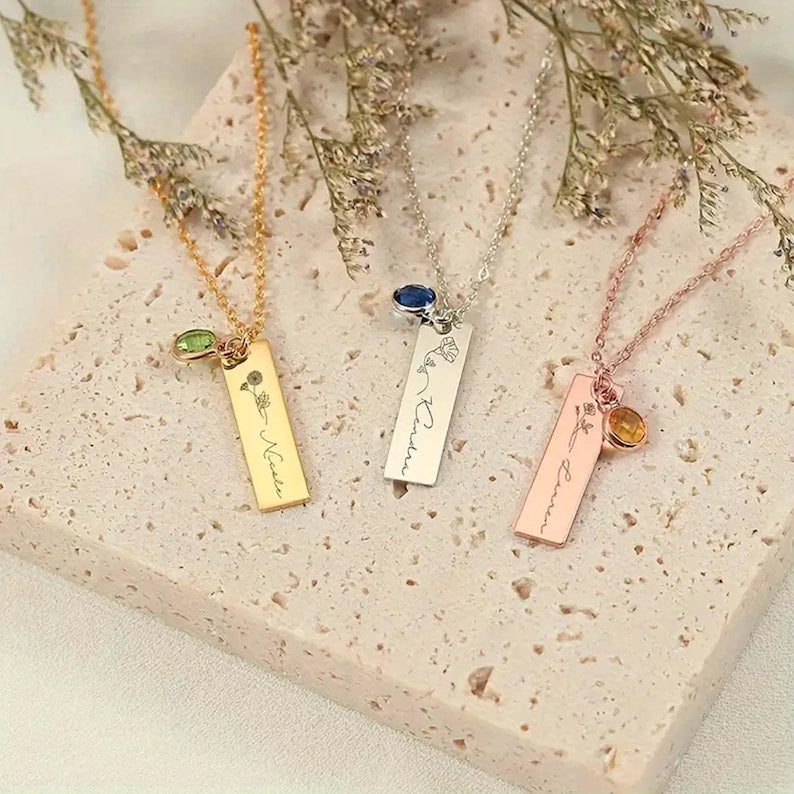 Personalized Bar Birthstone Name Necklace, Birthflower Pendant, Bar Birth flower Necklace, Anniversary Gift, Bridesmaid Necklace