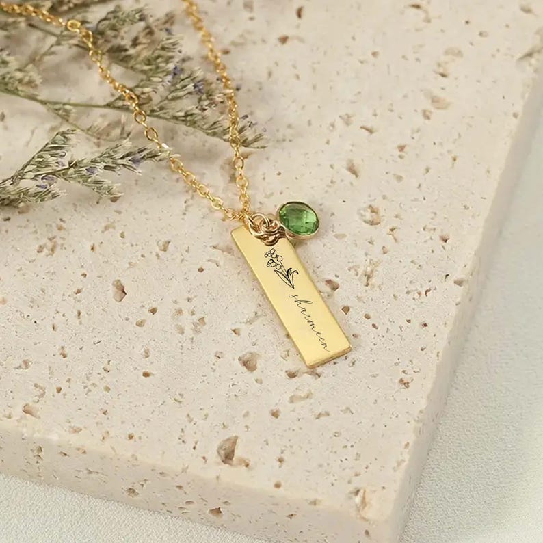 Personalized Bar Birthstone Name Necklace, Birthflower Pendant, Bar Birth flower Necklace, Anniversary Gift, Bridesmaid Necklace