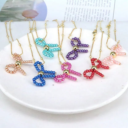 Imitation Pearl Copper Elegant Cute Beaded Bow Knot Pendant Necklace