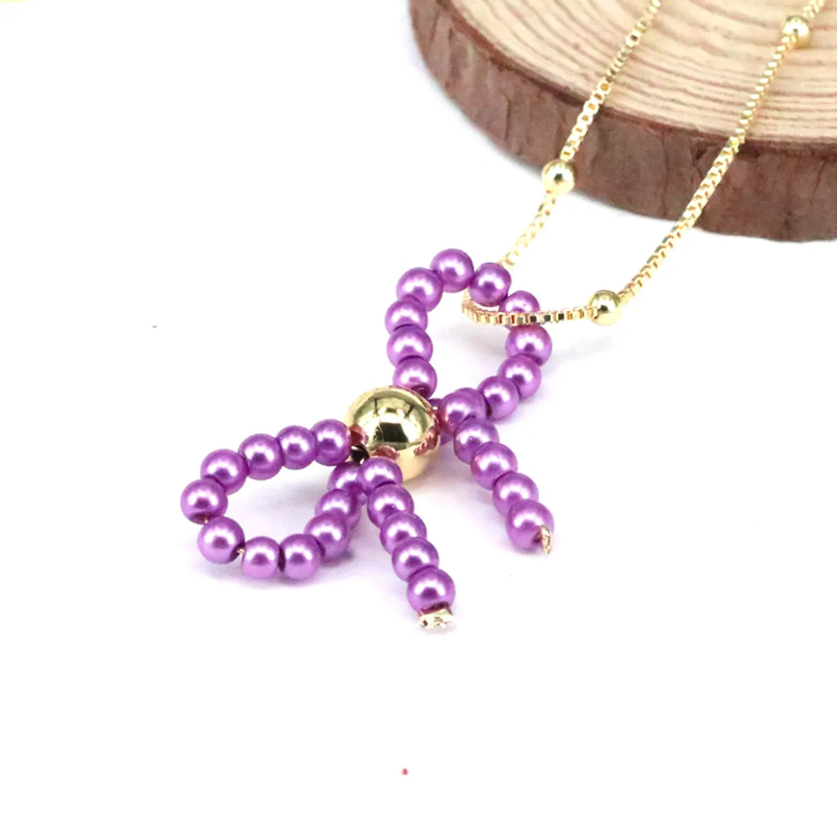 Imitation Pearl Copper Elegant Cute Beaded Bow Knot Pendant Necklace