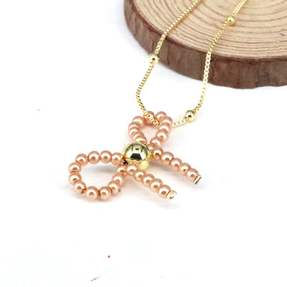 Imitation Pearl Copper Elegant Cute Beaded Bow Knot Pendant Necklace