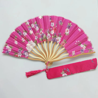 In Stock Cross-Border Satin Dragon Fan Plus Fan Bag S Bone Fan Cheongsam Performance Female Fan Rose Red