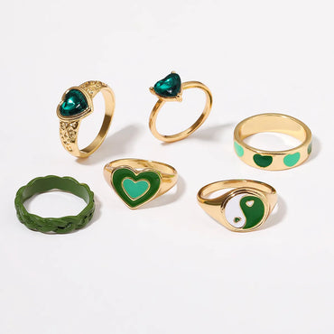 Inlaid Rhinestone Heart Ring Wholesale Tai Chi Love Drop Oil Ring Set Of 6