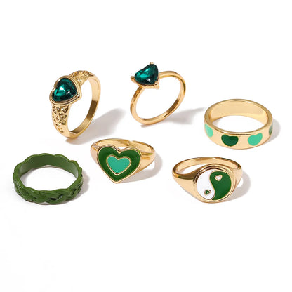 Inlaid Rhinestone Heart Ring Wholesale Tai Chi Love Drop Oil Ring Set Of 6