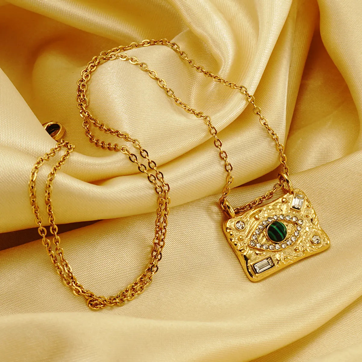 Ins Style Casual Devil's Eye Stainless Steel Plating Inlay Malachite Rhinestones 18k Gold Plated Pendant Necklace