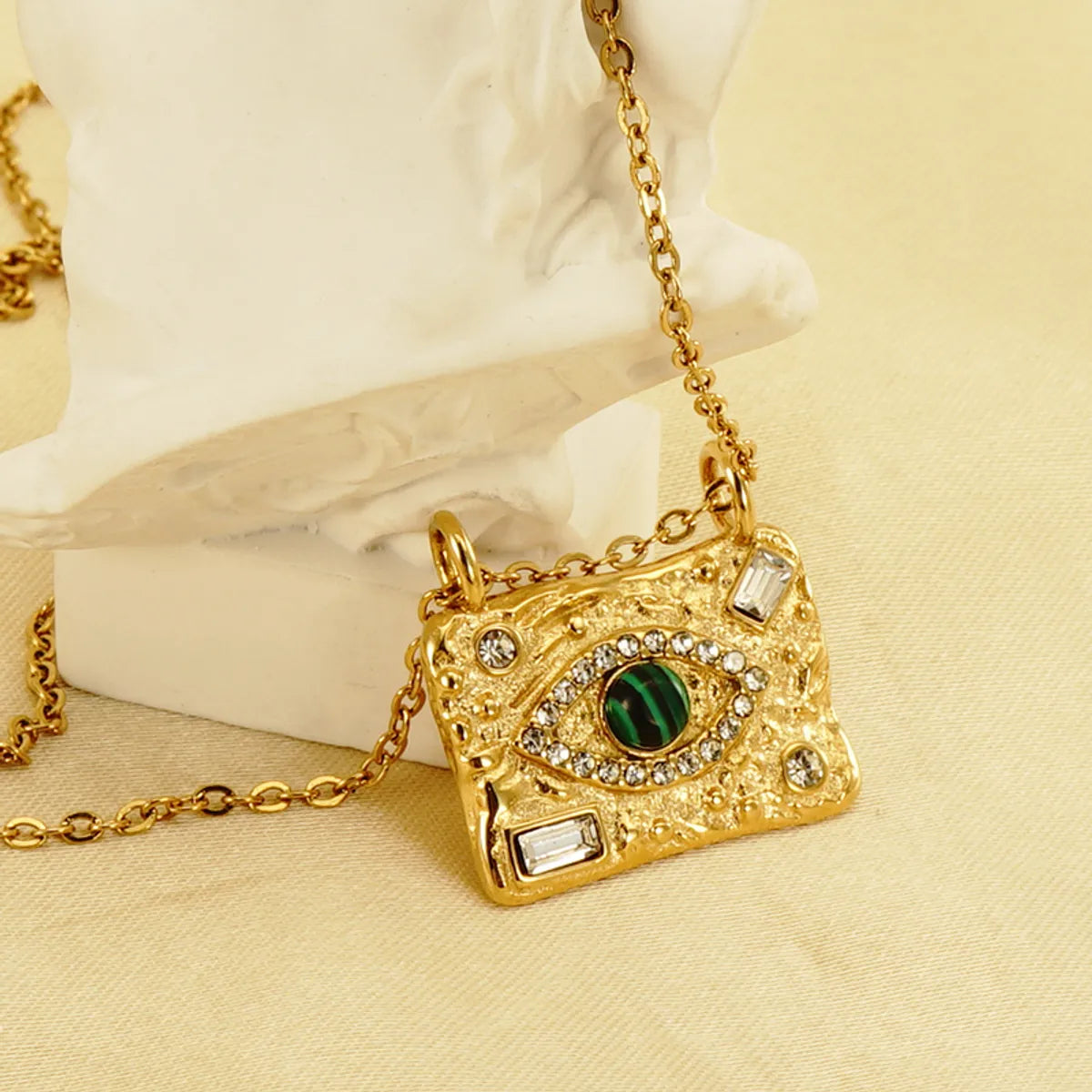 Ins Style Casual Devil's Eye Stainless Steel Plating Inlay Malachite Rhinestones 18k Gold Plated Pendant Necklace