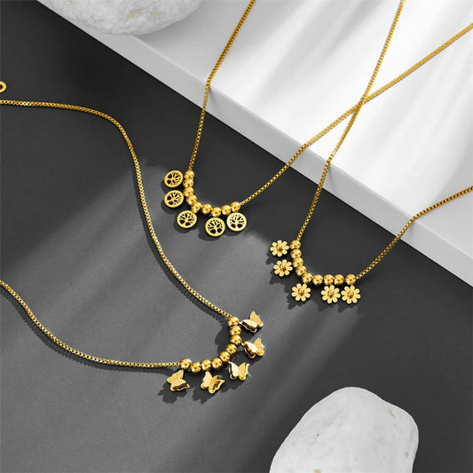 Ins Style Casual Tree Butterfly Daisy Titanium Steel Plating 18k Gold Plated Pendant Necklace