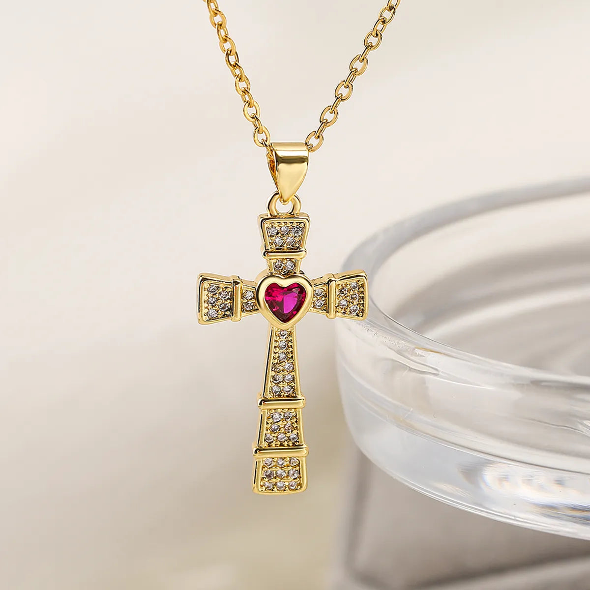 Ins Style Cross Copper Plating Inlay Zircon 18k Gold Plated Pendant Necklace