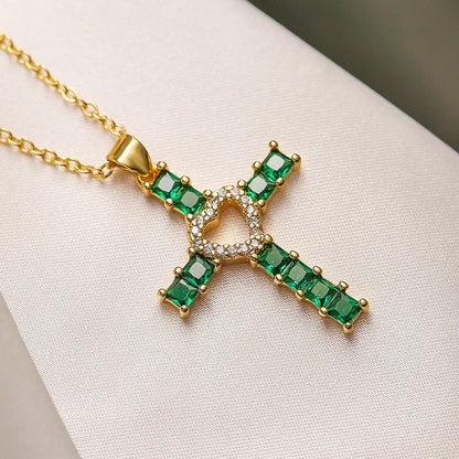 Ins Style Cross Heart Shape Copper 18k Gold Plated Zircon Pendant Necklace In Bulk