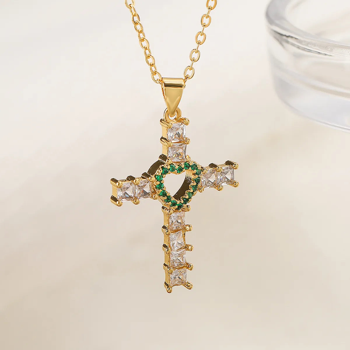 Ins Style Cross Heart Shape Copper 18k Gold Plated Zircon Pendant Necklace In Bulk