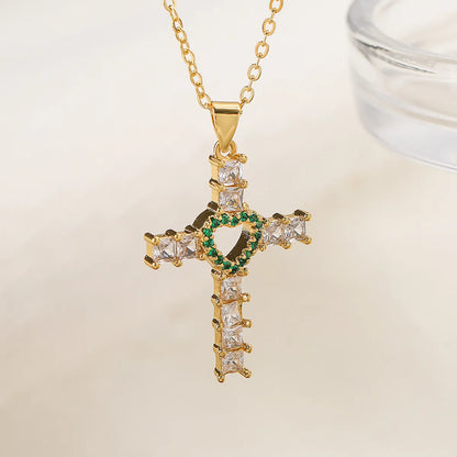 Ins Style Cross Heart Shape Copper 18k Gold Plated Zircon Pendant Necklace In Bulk