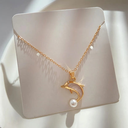 Ins Style Dolphin Alloy Inlay Pearl Women's Pendant Necklace