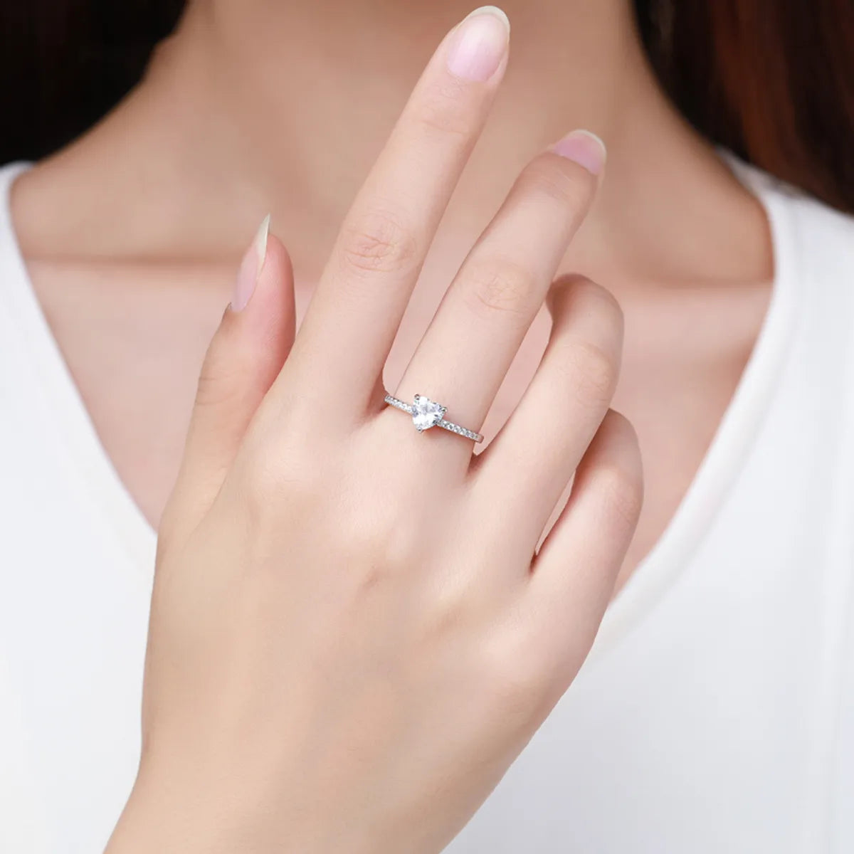 Ins Style Elegant Heart Shape Sterling Silver Hollow Out Inlay Zircon Rhodium Plated Rings