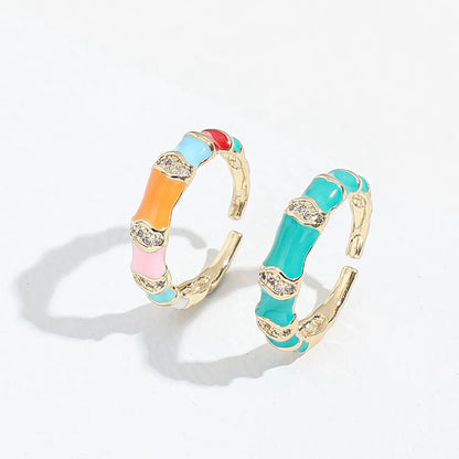 Ig Style Geometric Copper Enamel Inlay Zircon Open Ring