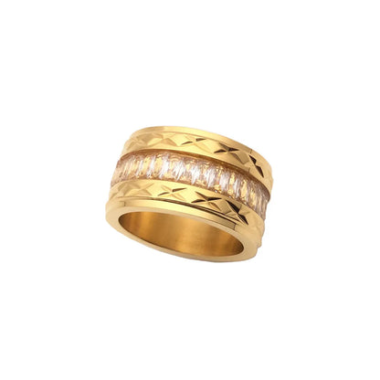 Ins Style Geometric Titanium Steel Inlay Rhinestones 18k Gold Plated Unisex Wide Band Ring