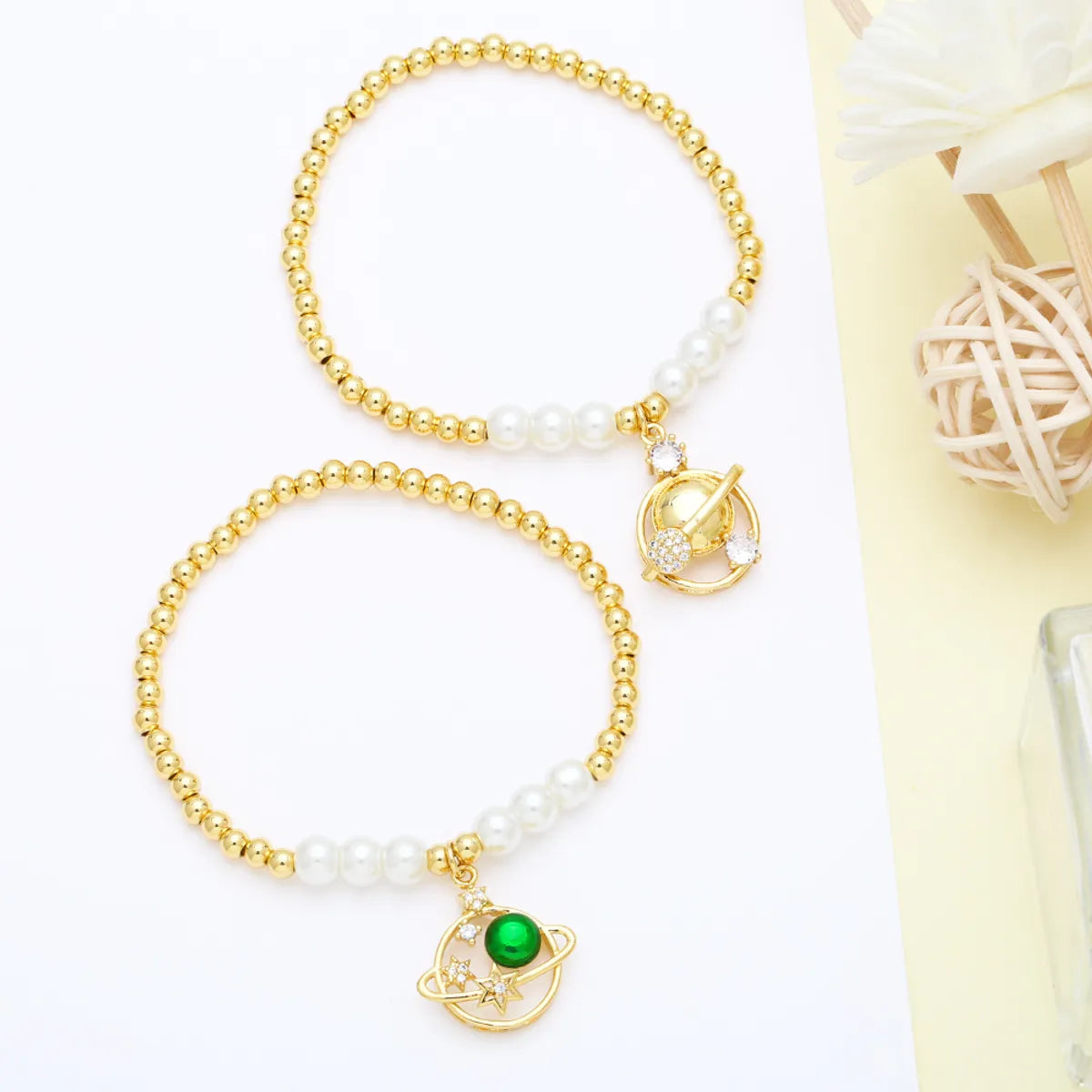 Original Design Starry Sky Moon Imitation Pearl Copper 18k Gold Plated Zircon Bracelets In Bulk