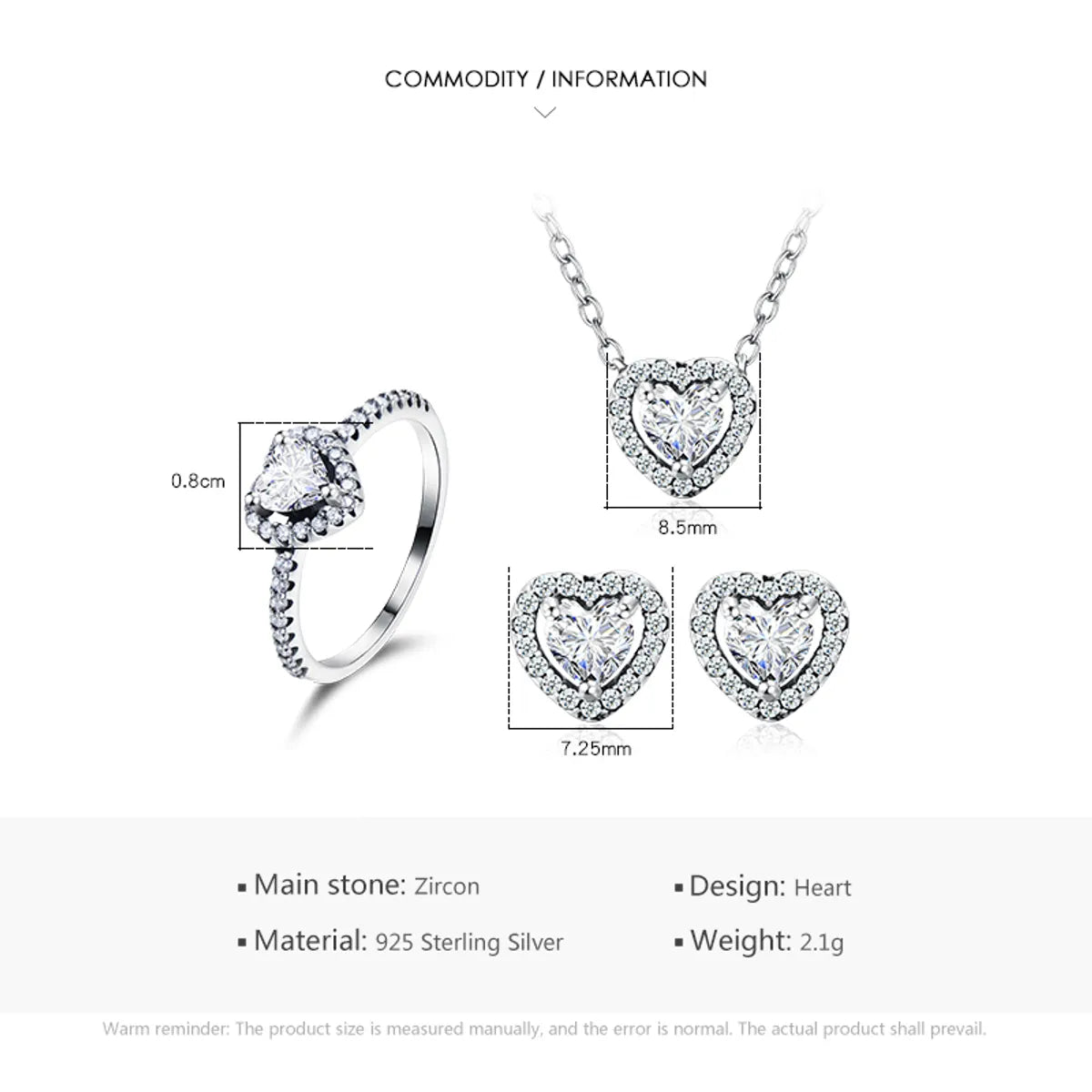 Ins Style Romantic Shiny Heart Shape Sterling Silver Plating Inlay Zircon Rings Earrings Necklace