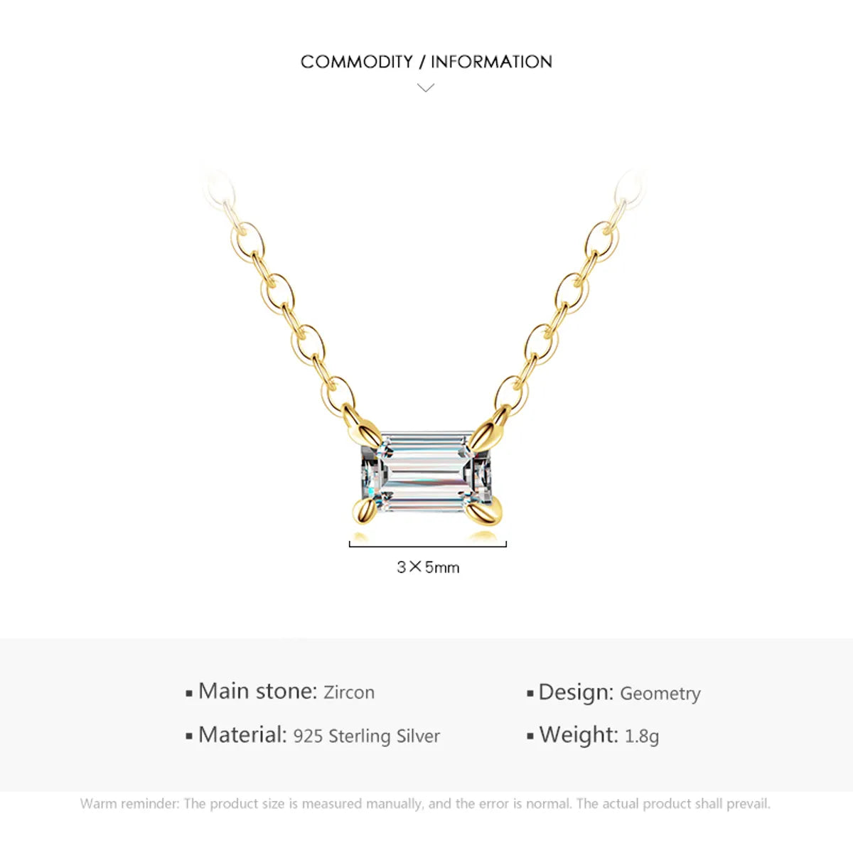 Ins Style Simple Style Rectangle Sterling Silver Plating Inlay Zircon 14k Gold Plated Rhodium Plated Necklace