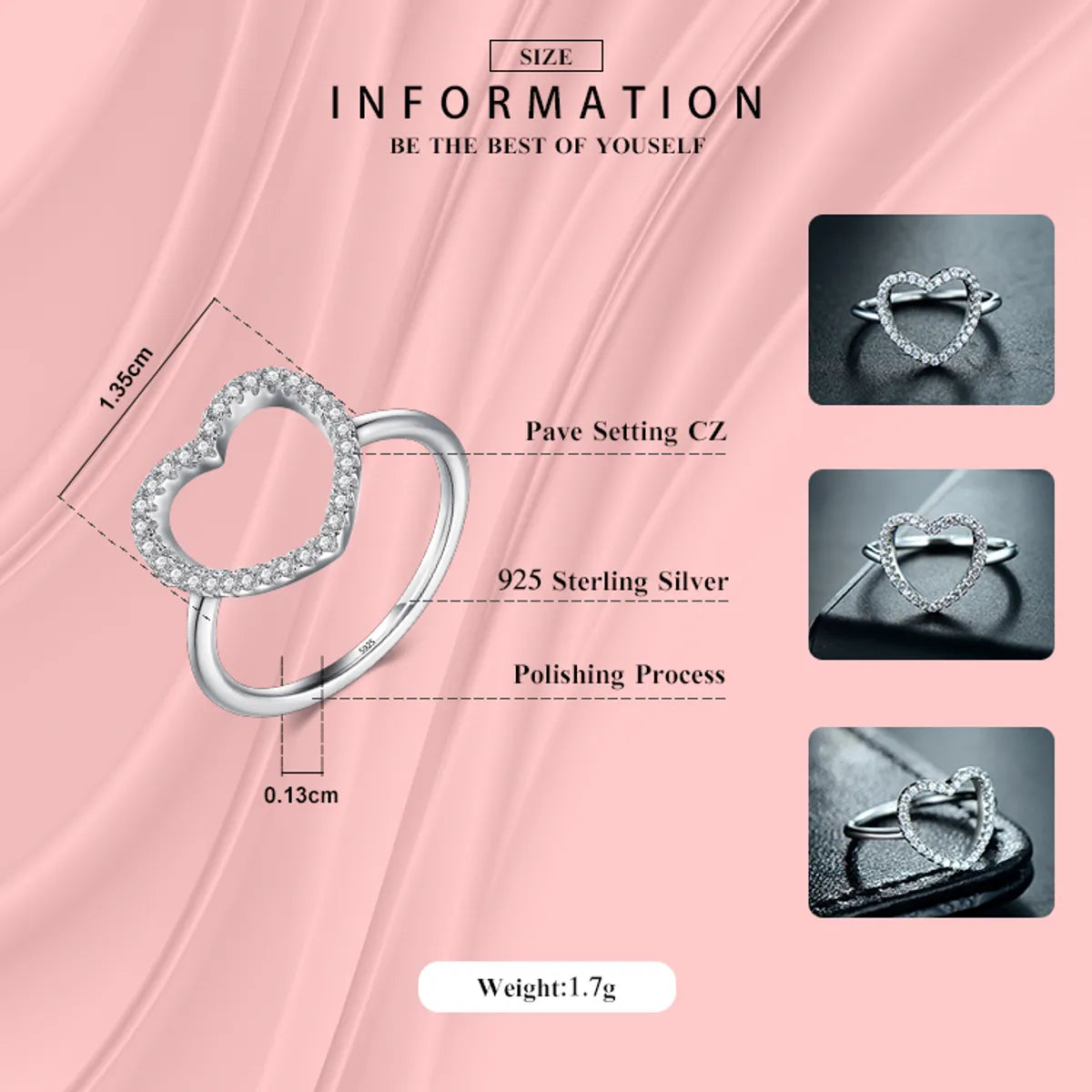 Ins Style Simple Style Shiny Heart Shape Sterling Silver Plating Inlay Zircon Rhodium Plated Rings