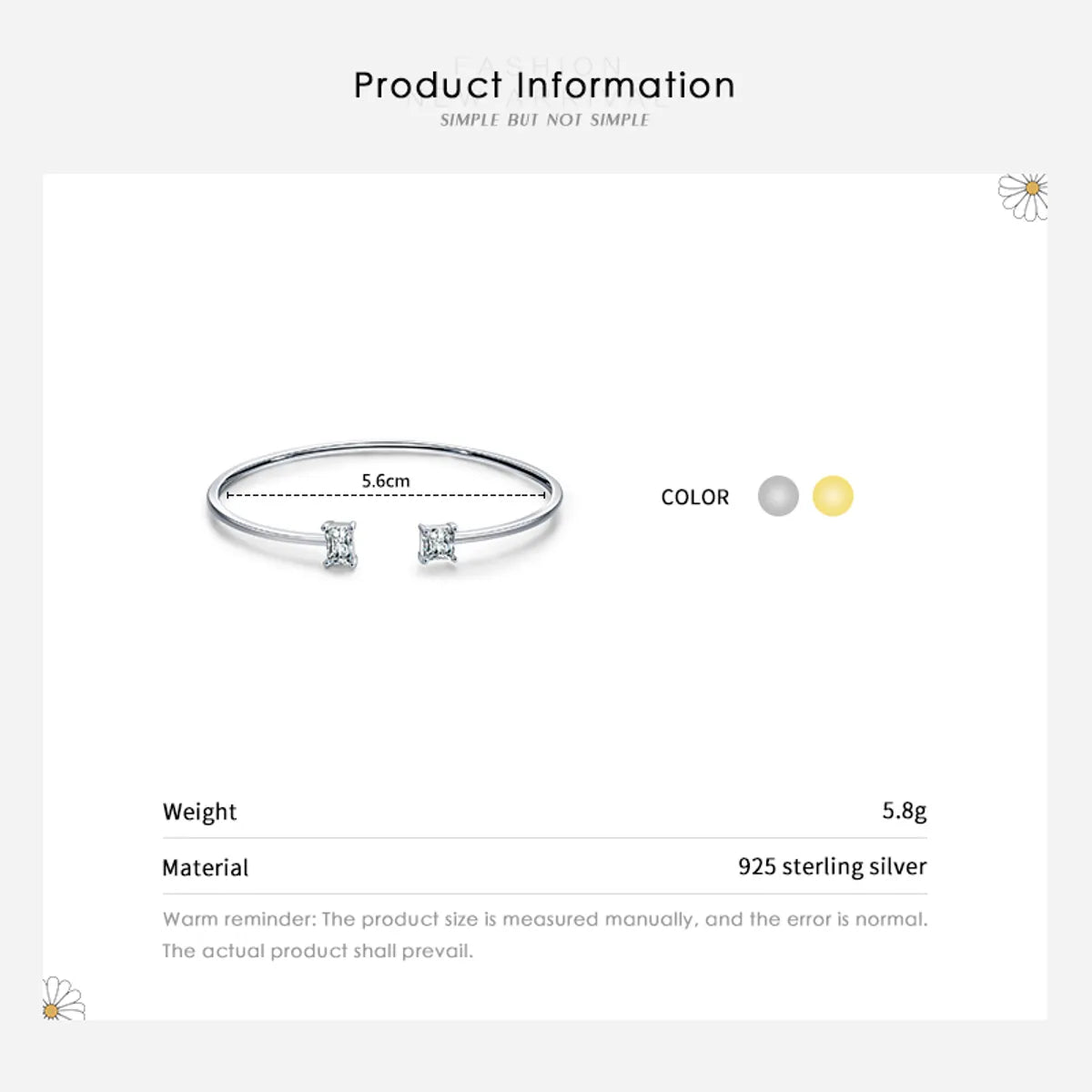 Ins Style Square Sterling Silver Plating Inlay Zircon 14k Gold Plated Rhodium Plated Cuff Bracelets