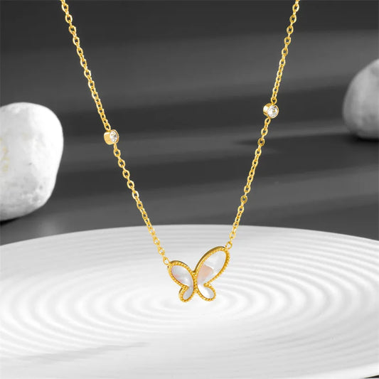 Titanium Steel 18K Gold Plated INS Style Sweet Plating Inlay Butterfly Shell Zircon Necklace