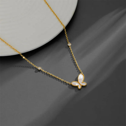 Titanium Steel 18K Gold Plated INS Style Sweet Plating Inlay Butterfly Shell Zircon Necklace