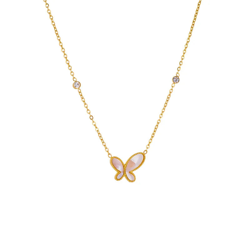 Titanium Steel 18K Gold Plated INS Style Sweet Plating Inlay Butterfly Shell Zircon Necklace