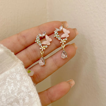 Ins Style Sweet Heart Shape Flower Butterfly Alloy Enamel Plating Inlay Rhinestones Pearl Women'S Drop Earrings Ear Studs