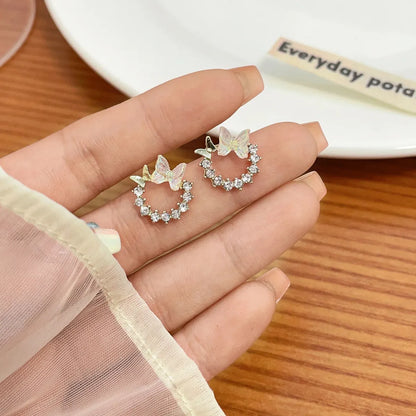 Ins Style Sweet Heart Shape Flower Butterfly Alloy Enamel Plating Inlay Rhinestones Pearl Women'S Drop Earrings Ear Studs