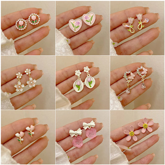 Ins Style Sweet Heart Shape Flower Butterfly Alloy Enamel Plating Inlay Rhinestones Pearl Women'S Drop Earrings Ear Studs