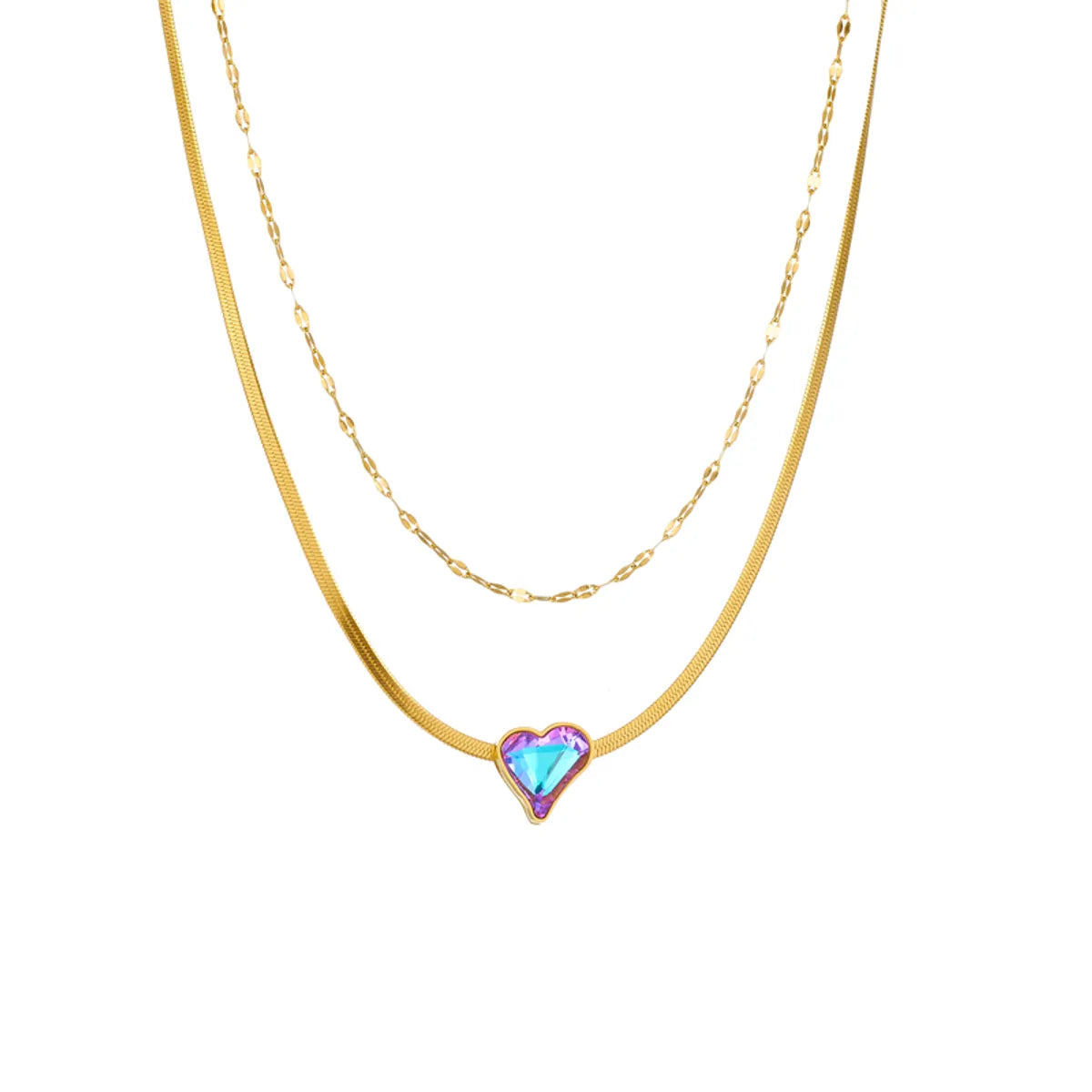 Ig Style Sweet Heart Shape Titanium Steel Inlay Zircon 18k Gold Plated Layered Necklaces