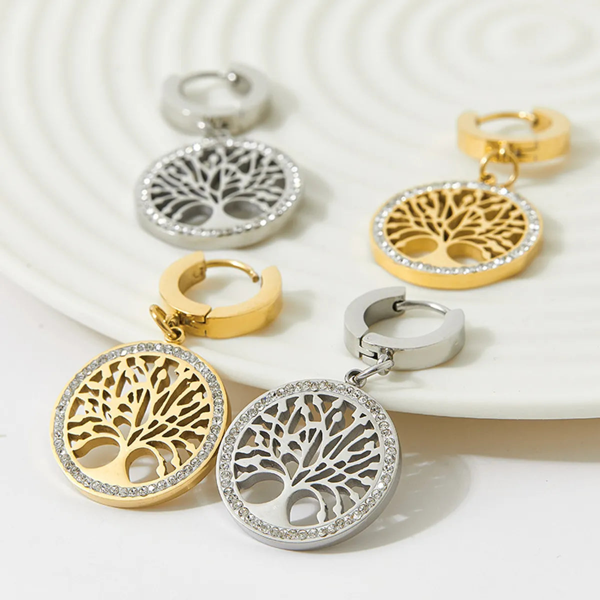 Ins Style Tree Stainless Steel Drop Earrings Plating Inlay Zircon Stainless Steel Earrings