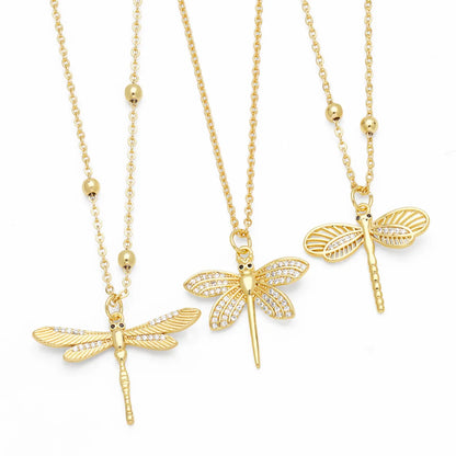 Japanese Style Dragonfly Copper Plating Inlay Zircon 18k Gold Plated Pendant Necklace