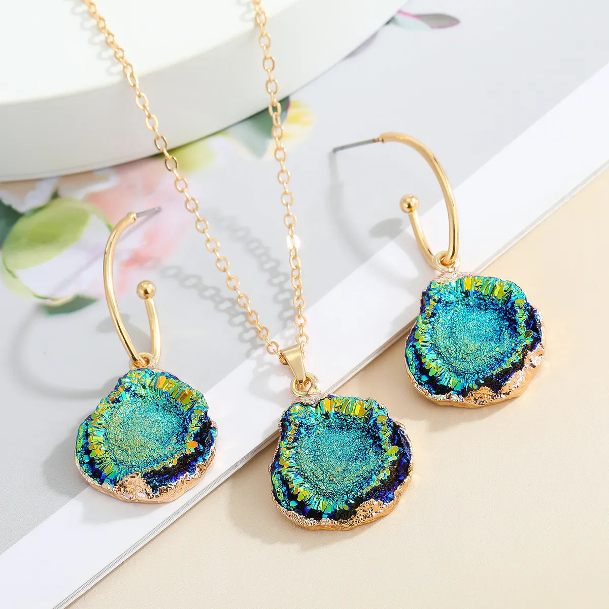 Jewelry Imitation Natural Stone Necklace Water Drop Resin Agate Piece Pendant Necklace Earring