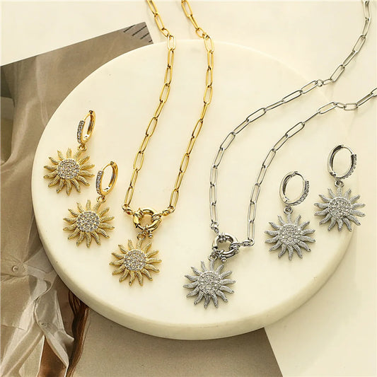 Hecheng Ornament Micro Inlaid Zircon Sun Necklace And Earrings Suite Ornament Cross-border Sold Jewelry Ornament