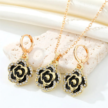 Cross-Border Sold Jewelry European Retro Full Diamond Black Rose Earrings And Necklace Set Flower Pendant Ear Ring Female