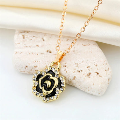 Cross-Border Sold Jewelry European Retro Full Diamond Black Rose Earrings And Necklace Set Flower Pendant Ear Ring Female