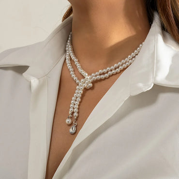 Jewelry Retro Imitation Pearl Drop Rhinestone Pendant Clavicle Beaded Woven Double Layer Necklace