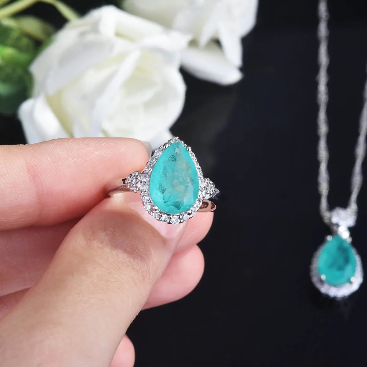 Jewelry Wholesale Simulation Natural Paraiba Set Water Drop Shape Ring Pendant Necklace Earrings