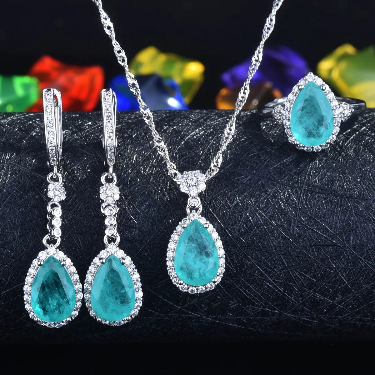 Jewelry Wholesale Simulation Natural Paraiba Set Water Drop Shape Ring Pendant Necklace Earrings