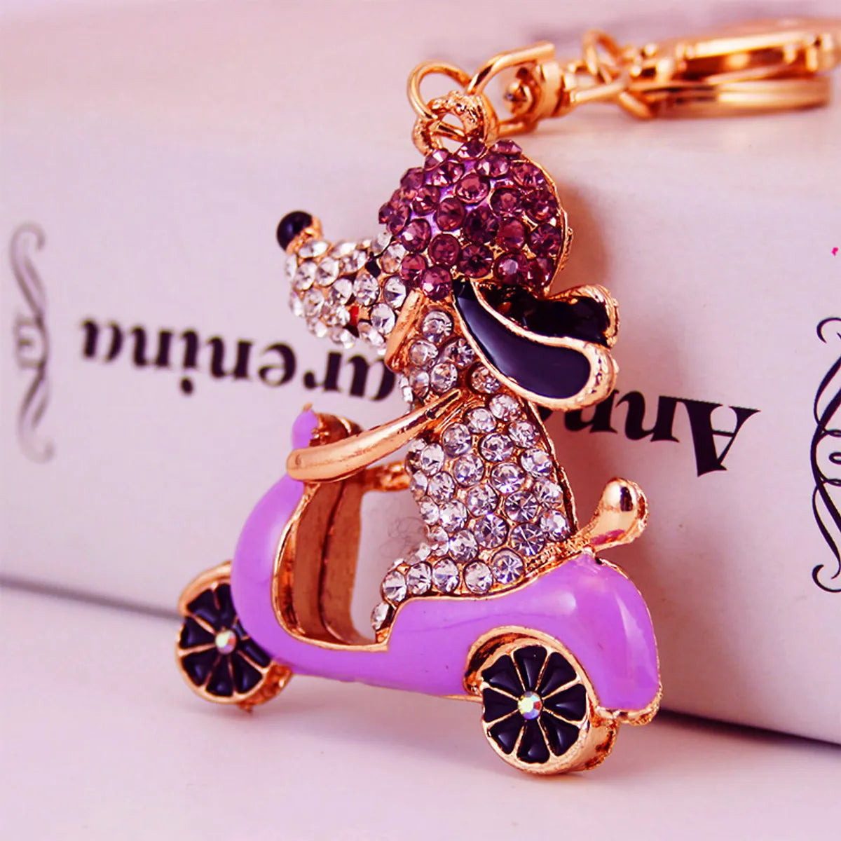 Kuxi Ornament Rhinestone Cartoon Cycling Puppy Car Key Ring Women'S Bag Accessories Animal Metal Pendant