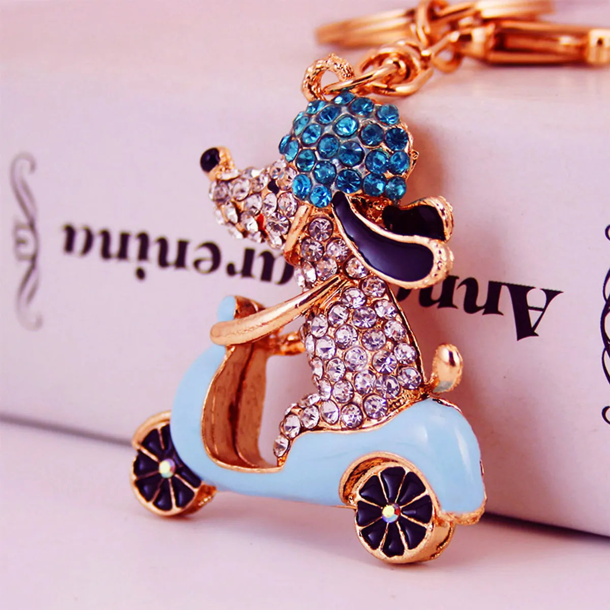 Kuxi Ornament Rhinestone Cartoon Cycling Puppy Car Key Ring Women'S Bag Accessories Animal Metal Pendant