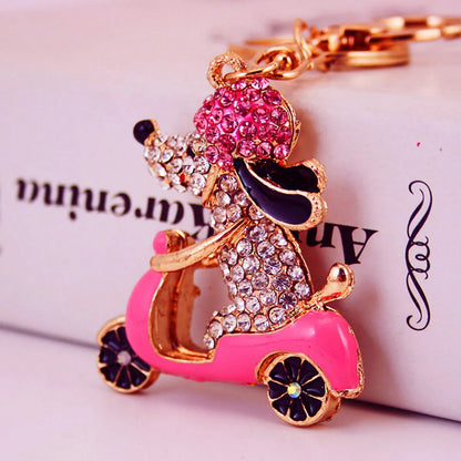 Kuxi Ornament Rhinestone Cartoon Cycling Puppy Car Key Ring Women'S Bag Accessories Animal Metal Pendant