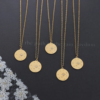 Korea Small Fresh Round Awn Star Inlaid Pearl Titanium Steel Necklace