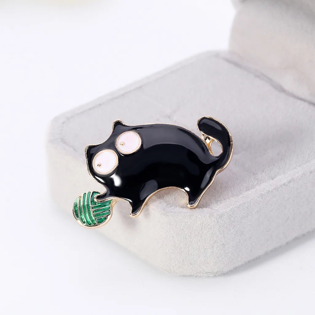 Korean Black Cartoon Alloy Holding Ball Cat Brooch