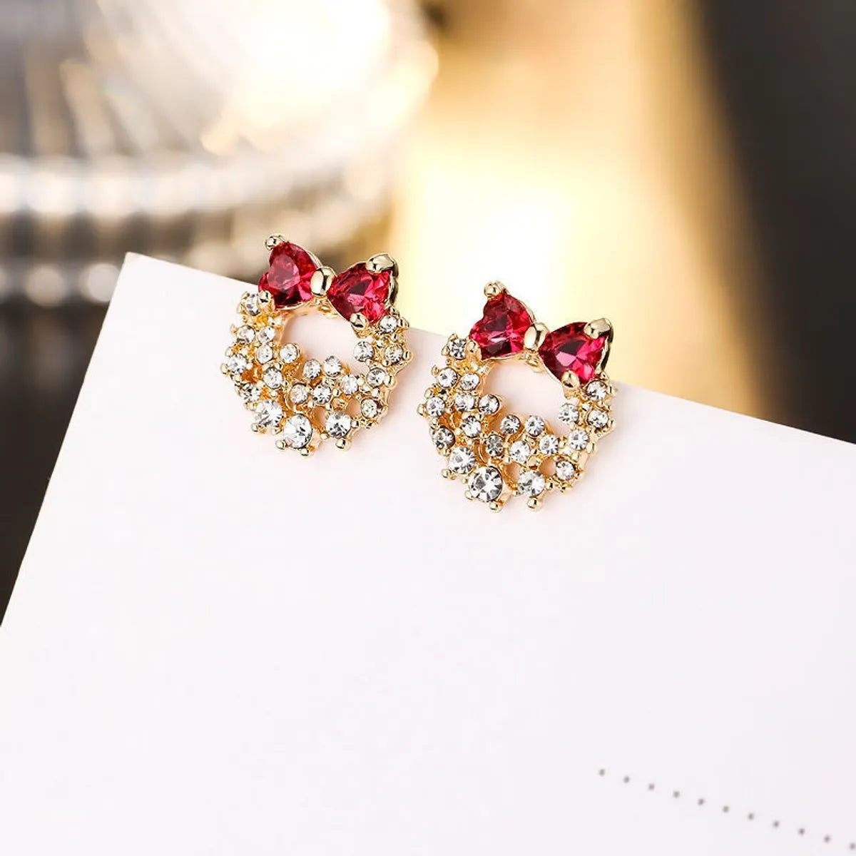 Korean Bow Rhinestone Heart-shape Alloy Earrings