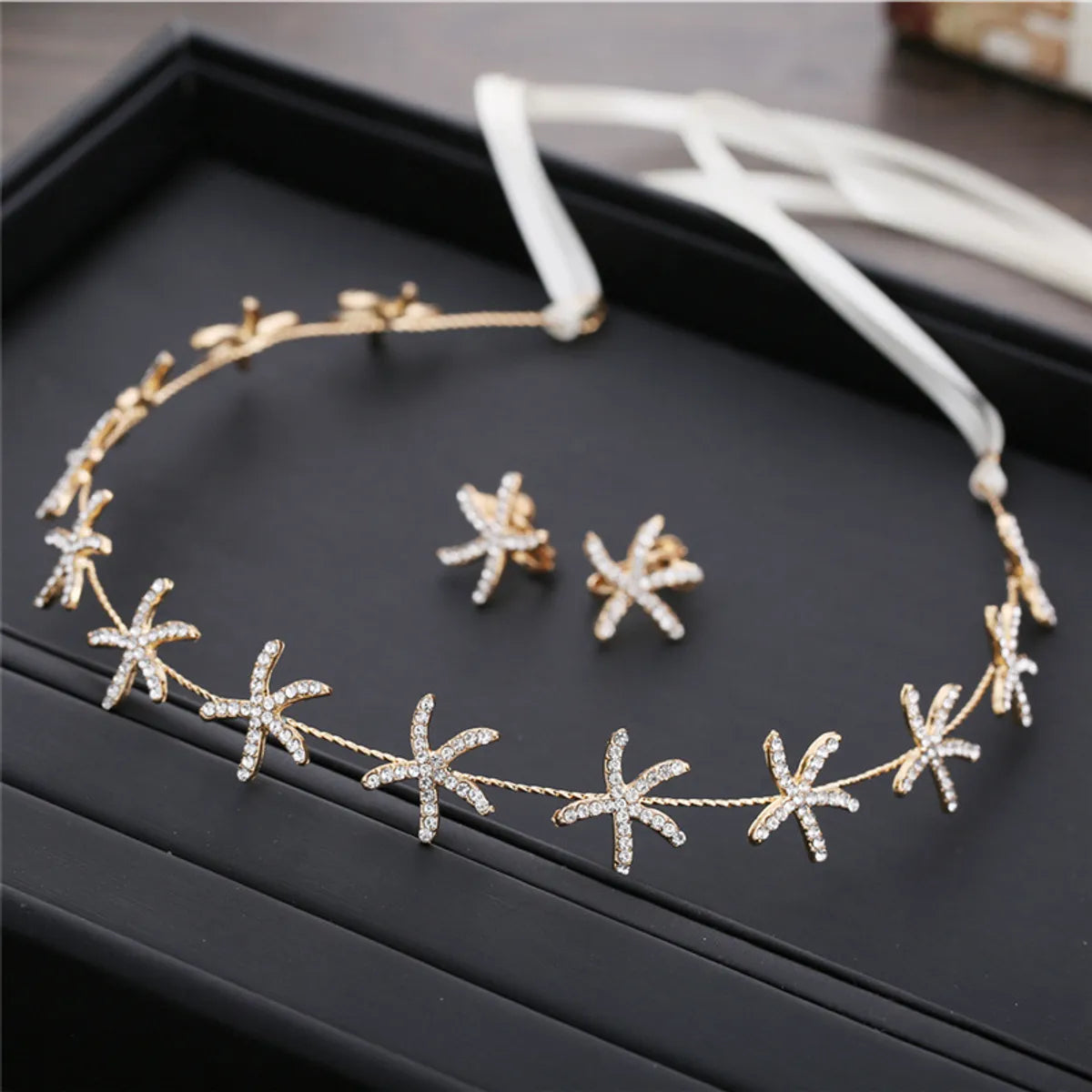 Korean Bridal Star Rhinestone Ribbon Hairband Wedding Headwear Ear Clip Set