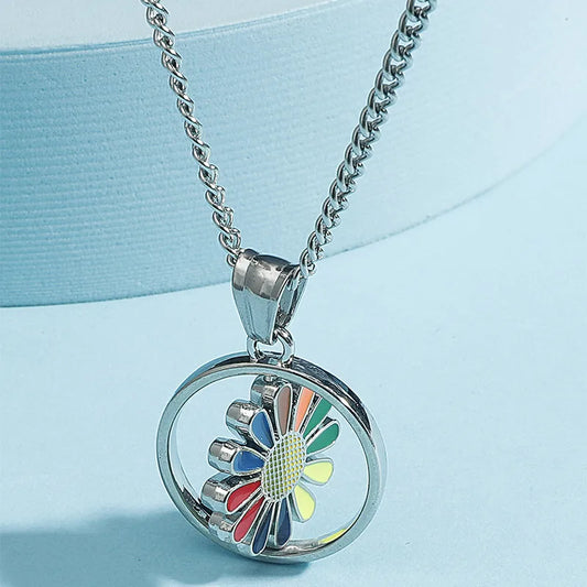 Korean Colorful Rotating Daisy Pendant Alloy Necklace