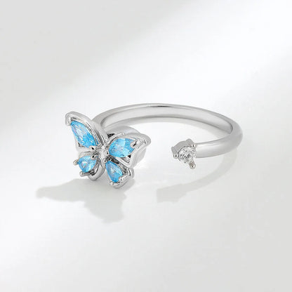 Korean Copper Micro-inlaid Zircon Color Butterfly Rotating Open Ring